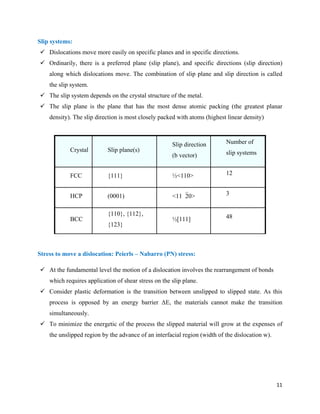 11
Slip systems:
 Dislocations move more easily on specific planes and in specific directions.
 Ordinarily, there is a preferred plane (slip plane), and specific directions (slip direction)
along which dislocations move. The combination of slip plane and slip direction is called
the slip system.
 The slip system depends on the crystal structure of the metal.
 The slip plane is the plane that has the most dense atomic packing (the greatest planar
density). The slip direction is most closely packed with atoms (highest linear density)
Crystal Slip plane(s)
Slip direction
(b vector)
Number of
slip systems
FCC {111} ½<110> 12
HCP (0001) <1120> 3
BCC
{110}, {112},
{123}
½[111] 48
Stress to move a dislocation: Peierls – Nabarro (PN) stress:
 At the fundamental level the motion of a dislocation involves the rearrangement of bonds
which requires application of shear stress on the slip plane.
 Consider plastic deformation is the transition between unslipped to slipped state. As this
process is opposed by an energy barrier ΔE, the materials cannot make the transition
simultaneously.
 To minimize the energetic of the process the slipped material will grow at the expenses of
the unslipped region by the advance of an interfacial region (width of the dislocation w).
 