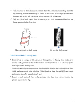 13
 Further increase in the load causes movement of another parallel plane, resulting in another
step. Similarly number of small steps is formed on the surface of the single crystal that are
parallel to one another and loop around the circumference of the specimen.
 Each step (shear band) results from the movement of a large number of dislocations and
their propagation in the slip system.
Macroscopic slip in single crystal Slip in a zinc single crystal
Critical Resolved Shear Stress (CRSS):
 Extent of slip in a single crystal depends on the magnitude of shearing stress produced by
external loads, geometry of the crystal structure and the orientation of he active slip planes
with respect to the shearing stress.
 Slip begins when the shearing stress on slip plane in the slip direction/Resolved Shear Stress
(RSS) reaches a critical value called the Critical Resolved Shear Stress (CRSS) and plastic
deformation starts (The actual Schmid’s law)
 Even if we apply an tensile force on the specimen  the shear stress resolved onto the slip
plane is responsible for slip.
 