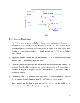 64
o
Iron – Cementite Phase Diagram
 The Fe-C (or more precisely the Fe-Fe3C) diagram is an important one. Cementite is a
metastable phase and ‘strictly speaking’ should not be included in a phase diagram. But the
decomposition rate of cementite is small and hence can be thought of as ‘stable enough’ to be
included in a phase diagram. Hence, we typically consider the Fe-Fe3C part of the Fe-C
phase diagram.
 A portion of the Fe-C diagram – the part from pure Fe to 6.67 wt.% carbon (corresponding to
cementite, Fe3C) – is technologically very relevant.
 Cementite is not a equilibrium phase and would tend to decompose into Fe and graphite. This
reaction is sluggish and for practical purpose (at the microstructural level) cementite can be
considered to be part of the phase diagram. Cementite forms as it nucleates readily as
compared to graphite.
 Compositions upto 2.1%C are called steels and beyond 2.1% are called cast irons. In reality
the calssification should be based on ‘castability’ and not just on carbon content.
 Heat treatments can be done to alter the properties of the steel by modifying the
microstructure → we will learn about this in coming chapters.
 