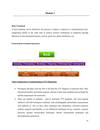 77
Module 3
Heat Treatment
A heat treatment can be defined as the process to subject a material to a predetermined time-
temperature profile in the solid state to achieve desired combination of properties through
alteration of microstructural features, such as, grain size, phase distribution, etc.
General heat treatment processes
Time-Temperature-Transformation (TTT) Diagrams:
 Davenport and Bain were the first to develop the TTT diagram of eutectoid steel. They
determined pearlite and bainite portions whereas Cohen later modified and included MS
and MF temperatures for martensite.
 There are number of methods used to determine TTT diagrams. The most popular
method is salt bath techniques combined with metallography and hardness measurement
with addition of this we have other techniques like dilatometry, electrical resistivity
method, magnetic permeability, in situ diffraction techniques (X-ray, neutron), acoustic
emission, thermal measurement techniques, density measurement techniques and
thermodynamic predictions.
 