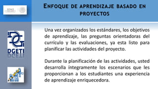 Una vez organizados los estándares, los objetivos
de aprendizaje, las preguntas orientadoras del
currículo y las evaluaciones, ya esta listo para
planificar las actividades del proyecto.
Durante la planificación de las actividades, usted
desarrolla íntegramente los escenarios que les
proporcionan a los estudiantes una experiencia
de aprendizaje enriquecedora.
ENFOQUE DE APRENDIZAJE BASADO EN
PROYECTOS
 