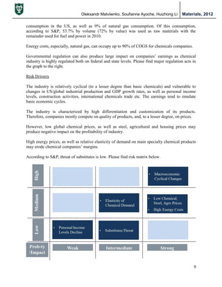 Oleksandr Matviienko, Soufianne Ayoche, Huizhong Li Materials, 2012
9
consumption in the US, as well as 9% of natural gas consumption. Of this consumption,
according to S&P, 53.7% by volume (72% by value) was used as raw materials with the
remainder used for fuel and power in 2010.
Energy costs, especially, natural gas, can occupy up to 90% of COGS for chemicals companies.
Governmental regulation can also produce large impact on companies‟ earnings as chemical
industry is highly regulated both on federal and state levels. Please find major regulation acts in
the graph to the right.
Risk Drivers
The industry is relatively cyclical (to a lesser degree than basic chemicals) and vulnerable to
changes in US/global industrial production and GDP growth rates, as well as personal income
levels, construction activities, international chemicals trade etc. The earnings tend to emulate
basic economic cycles.
The industry is characterized by high differentiation and customization of its products.
Therefore, companies mostly compete on quality of products, and, to a lesser degree, on prices.
However, low global chemical prices, as well as steel, agricultural and housing prices may
produce negative impact on the profitability of industry.
High energy prices, as well as relative elasticity of demand on main specialty chemical products
may erode chemical companies‟ margins.
According to S&P, threat of substitutes is low. Please find risk matrix below.
 