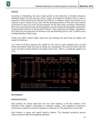 Oleksandr Matviienko, Soufianne Ayoche, Huizhong Li Materials, 2012
13
Outlook
According to Bloomberg, the recent rapid growth in the production of biofuels initiatives,
including ethanol, has been driving a boost in grain and oilseed use globally which in turns is
expected to affect positively the demand for fertilizers. In addition, longer term nutrient use is
expected to grow at about 2% per year, with the developing nations of Asia and Latin America
accounting for nearly all of this growth potential. On the other hand, according to Bloomberg,
there were some bearish trends concerning global corn and soybean demand/supply expectations.
Another bearish trend lies in the fact that US famers‟ future expectation are falling. Nonetheless,
the USDA long run projections for fertilizers were incrementally positive with 2.2 Million acres
of added planting of major crops.
Finally, the USDA expects higher wheat and corn planting, the latter being the highest end
market for fertilizers.
As a result of all those elements, the outlook for this sector is quiet mitigated since we both
bullish and bearish trends that must be taking into consideration. We however believe that this
sector will tend to market perform at the light of these facts. Below is a graph that supports our
view:
Steel Industry
Industry Overview
Steel products are mostly made from raw iron. Steel industry, as the base industry in the
industrial world, supplies commodities to industries ranging from appliances, automotive,
construction, containers to electrical equipment, machinery etc. The graph shows on the right.
Steel industry is energy and capital intensive industry. The integrated production process
requires expensive plant and equipment purchases.
 