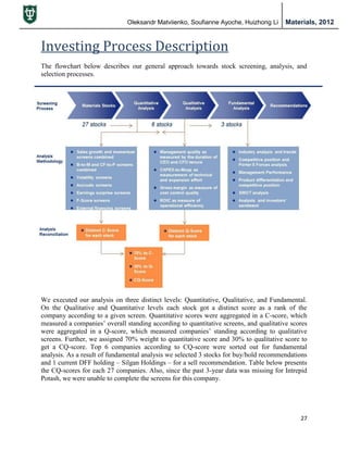 Oleksandr Matviienko, Soufianne Ayoche, Huizhong Li Materials, 2012
27
Investing Process Description
The flowchart below describes our general approach towards stock screening, analysis, and
selection processes.
We executed our analysis on three distinct levels: Quantitative, Qualitative, and Fundamental.
On the Qualitative and Quantitative levels each stock got a distinct score as a rank of the
company according to a given screen. Quantitative scores were aggregated in a C-score, which
measured a companies‟ overall standing according to quantitative screens, and qualitative scores
were aggregated in a Q-score, which measured companies‟ standing according to qualitative
screens. Further, we assigned 70% weight to quantitative score and 30% to qualitative score to
get a CQ-score. Top 6 companies according to CQ-score were sorted out for fundamental
analysis. As a result of fundamental analysis we selected 3 stocks for buy/hold recommendations
and 1 current DFF holding – Silgan Holdings – for a sell recommendation. Table below presents
the CQ-scores for each 27 companies. Also, since the past 3-year data was missing for Intrepid
Potash, we were unable to complete the screens for this company.
 