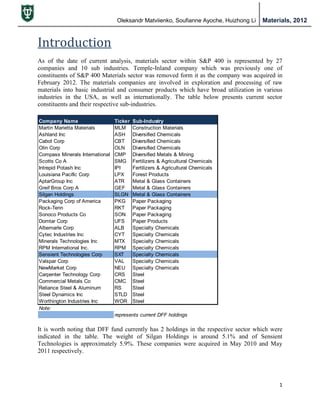Oleksandr Matviienko, Soufianne Ayoche, Huizhong Li Materials, 2012
1
Introduction
As of the date of current analysis, materials sector within S&P 400 is represented by 27
companies and 10 sub industries. Temple-Inland company which was previously one of
constituents of S&P 400 Materials sector was removed form it as the company was acquired in
February 2012. The materials companies are involved in exploration and processing of raw
materials into basic industrial and consumer products which have broad utilization in various
industries in the USA, as well as internationally. The table below presents current sector
constituents and their respective sub-industries.
It is worth noting that DFF fund currently has 2 holdings in the respective sector which were
indicated in the table. The weight of Silgan Holdings is around 5.1% and of Sensient
Technologies is approximately 5.9%. These companies were acquired in May 2010 and May
2011 respectively.
Company Name Ticker Sub-Industry
Martin Marietta Materials MLM Construction Materials
Ashland Inc ASH Diversified Chemicals
Cabot Corp CBT Diversified Chemicals
Olin Corp OLN Diversified Chemicals
Compass Minerals International CMP Diversified Metals & Mining
Scotts Co A SMG Fertilizers & Agricultural Chemicals
Intrepid Potash Inc IPI Fertilizers & Agricultural Chemicals
Louisiana Pacific Corp LPX Forest Products
AptarGroup Inc ATR Metal & Glass Containers
Greif Bros Corp A GEF Metal & Glass Containers
Silgan Holdings SLGN Metal & Glass Containers
Packaging Corp of America PKG Paper Packaging
Rock-Tenn RKT Paper Packaging
Sonoco Products Co SON Paper Packaging
Domtar Corp UFS Paper Products
Albemarle Corp ALB Specialty Chemicals
Cytec Industries Inc CYT Specialty Chemicals
Minerals Technologies Inc MTX Specialty Chemicals
RPM International Inc. RPM Specialty Chemicals
Sensient Technologies Corp SXT Specialty Chemicals
Valspar Corp VAL Specialty Chemicals
NewMarket Corp NEU Specialty Chemicals
Carpenter Technology Corp CRS Steel
Commercial Metals Co CMC Steel
Reliance Steel & Aluminum RS Steel
Steel Dynamics Inc STLD Steel
Worthington Industries Inc WOR Steel
Note:
represents current DFF holdings
 