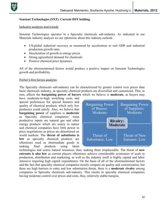 Oleksandr Matviienko, Soufianne Ayoche, Huizhong Li Materials, 2012
32
Sensient Technologies (SXT). Current DFF holding.
Industry analysis and trends
Sensient Technologies operates in a Specialty chemicals sub-industry. As indicated in our
Materials industry analysis we are optimistic about this industry outlook:
 US/global industrial recovery as measured by acceleration in real GDP and industrial
production growth rates
 Deceleration of growth in energy prices
 Strong agricultural demand for chemicals
 Positive chemical price dynamics
All of the aforementioned factors would produce a positive impact on Sensient Technologies
growth and profitability.
Porter’s five forces analysis
The Specialty chemicals sub-industry can be characterized by greater control over prices than
basic chemicals industry, as specialty chemical products are diversified and customized. This, in
turn, affects the bargaining power of buyers which we believe is moderate, as buyers may
have moderate-to-high switching costs and
special preferences for special features and
quality of chemical products which only few
producers could satisfy. Also, we believe that
bargaining power of suppliers is moderate
as Specialty chemical companies‟ main
productive inputs are natural gas and other
energy products which are scarce in nature
and chemical companies have little power in
price negotiations as prices are determined on
world markets. The threat of substitutes is
low as specialty chemical products are
oftentimes used as intermediate goods in
making final products using latest
technologies and scarce natural resources, thus, making them irreplaceable. The threat of new
entrants is also low as current players oftentimes achieve considerable economies of scale in
production, distribution and marketing, as well as the industry itself is highly capital and labor
intensive requiring high capital expenditures. On the basis of all of the aforementioned factors
and the fact that specialty chemical companies mostly compete on quality and customization, but
there are high barriers to entry and low substitution threat, there is a moderate rivalry among
companies in Specialty chemicals sub-industry. This results in specialty chemical companies
having moderate control over prices and costs, thus, relatively stable margins.
 