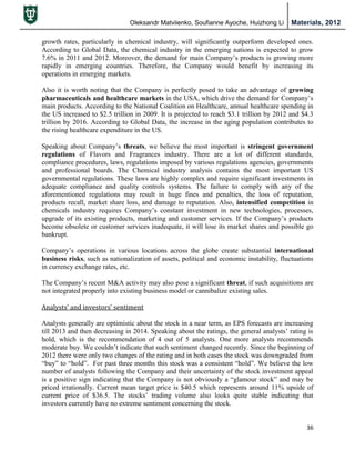 Oleksandr Matviienko, Soufianne Ayoche, Huizhong Li Materials, 2012
36
growth rates, particularly in chemical industry, will significantly outperform developed ones.
According to Global Data, the chemical industry in the emerging nations is expected to grow
7.6% in 2011 and 2012. Moreover, the demand for main Company‟s products is growing more
rapidly in emerging countries. Therefore, the Company would benefit by increasing its
operations in emerging markets.
Also it is worth noting that the Company is perfectly posed to take an advantage of growing
pharmaceuticals and healthcare markets in the USA, which drive the demand for Company‟s
main products. According to the National Coalition on Healthcare, annual healthcare spending in
the US increased to $2.5 trillion in 2009. It is projected to reach $3.1 trillion by 2012 and $4.3
trillion by 2016. According to Global Data, the increase in the aging population contributes to
the rising healthcare expenditure in the US.
Speaking about Company‟s threats, we believe the most important is stringent government
regulations of Flavors and Fragrances industry. There are a lot of different standards,
compliance procedures, laws, regulations imposed by various regulations agencies, governments
and professional boards. The Chemical industry analysis contains the most important US
governmental regulations. These laws are highly complex and require significant investments in
adequate compliance and quality controls systems. The failure to comply with any of the
aforementioned regulations may result in huge fines and penalties, the loss of reputation,
products recall, market share loss, and damage to reputation. Also, intensified competition in
chemicals industry requires Company‟s constant investment in new technologies, processes,
upgrade of its existing products, marketing and customer services. If the Company‟s products
become obsolete or customer services inadequate, it will lose its market shares and possible go
bankrupt.
Company‟s operations in various locations across the globe create substantial international
business risks, such as nationalization of assets, political and economic instability, fluctuations
in currency exchange rates, etc.
The Company‟s recent M&A activity may also pose a significant threat, if such acquisitions are
not integrated properly into existing business model or cannibalize existing sales.
Analysts’ and investors’ sentiment
Analysts generally are optimistic about the stock in a near term, as EPS forecasts are increasing
till 2013 and then decreasing in 2014. Speaking about the ratings, the general analysts‟ rating is
hold, which is the recommendation of 4 out of 5 analysts. One more analysts recommends
moderate buy. We couldn‟t indicate that such sentiment changed recently. Since the beginning of
2012 there were only two changes of the rating and in both cases the stock was downgraded from
“buy” to “hold”. For past three months this stock was a consistent “hold”. We believe the low
number of analysts following the Company and their uncertainty of the stock investment appeal
is a positive sign indicating that the Company is not obviously a “glamour stock” and may be
priced irrationally. Current mean target price is $40.5 which represents around 11% upside of
current price of $36.5. The stocks‟ trading volume also looks quite stable indicating that
investors currently have no extreme sentiment concerning the stock.
 