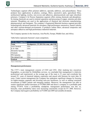 Oleksandr Matviienko, Soufianne Ayoche, Huizhong Li Materials, 2012
38
Technologies segment offers polymer additives, specialty additives, and polyurethanes. These
products have applications in plastics, coatings, fibers, automotive parts, agricultural films,
architectural lighting, textiles, non-woven and adhesives, pharmaceuticals and super absorbent
polymers. Company‟s In Process Separation segment offers mining chemicals and phosphines.
Its mining chemicals are used in mineral separation and processing of copper, alumina and other
minerals. Phosphines are used in the applications of chemical and electronic manufacturing,
pharmaceutical, and fumigants. The company‟s Engineered Materials business segment provides
technologically advanced materials for aerospace, high performance automotive, launch vehicles
and other extreme-demand environments. It produces carbon fibers, advanced composites and
aerospace adhesives and high performance industrial materials.
The Company operates in the Americas, Asia Pacific, Europe, Middle East, and Africa.
Table below represents Sensient‟s main competitors.
Management performance
The CYT‟s main management consists of CEO and CFO. After studying key executives
biographies, as provided by GlobalData services, we concluded that management is relatively
professional and experienced, as the average age of the team is 53 years and everybody has
around 25+ years of chemical industry experience and stayed with Sensient for more than 10
years. Under current management the Company has undergone significant changes by focusing
on higher-margins segments and divesting non-core businesses, as well as making consistent
investments in R&D, patents and emerging markets. Moreover, the management was able to
sustain significant market downturn of FY2008-2009 and direct a company to a profitable path
staring FY2010. Form a profitability standpoint, management performance was fair, as,
basically, main profitability ratios were increasing consistently except for FY 2008. However,
the Company had negative profitability in FY2008 and 2009 and unstable dividends.
CYT: Key Competitors
Name Headquarters FY 2011 Revenue, mln USD
Arch Chemicals USA 1,377
H. B. Fuller USA 1,558
Momentive Specialty
Chemicals USA 5,207
PPG Industries USA 14,885
The Lubrizol Corp USA 5,418
Sensient USA 3,073
Source: Global Data
 