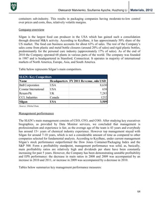 Oleksandr Matviienko, Soufianne Ayoche, Huizhong Li Materials, 2012
64
containers sub-industry. This results in packaging companies having moderate-to-low control
over prices and costs, thus, relatively volatile margins.
Company overview
Silgan is the largest food can producer in the USA which has gained such a consolidation
through directed M&A activity. According to KeyBanc, it has approximately 50% share of the
US market. The food can business accounts for about 63% of sales. The rest of the Company‟s
sales come from plastic and metal bottle closures (around 20% of sales) and rigid plastic bottles,
predominantly for the personal care industry (approximately 17% of sales). As of the end of
2010 the Company operated 68 plants in various parts of the world. The company was founded
in 1987 and is headquartered in Stamford, Connecticut. It operates in majority of international
markets of North America, Europe, Asia, and South America.
Table below represents Silgan‟s main competitors.
Management performance
The SLGN‟s main management consists of CEO, CFO, and COO. After studying key executives
biographies, as provided by Data Monitor services, we concluded that management is
professionalism and experience is fair, as the average age of the team is 43 years and everybody
has around 15+ years of chemical industry experience. However top management stayed with
Silgan for around 7-10 years, which is not a considerable amount of time as compared to other
companies selected for fundamental analysis. According to KeyBanc, under current management
Silgan‟s stock performance outperformed the Dow Jones Container/Packaging Index and the
S&P 500. Form a profitability standpoint, management performance was solid, as, basically,
main profitability ratios are relatively high and dividends per share have been constantly
increasing for past 5 years. However, the Company has been demonstrating unstable profitability
and EPS performance: the decrease in main ratios in 2008 and 2009 was accompanied by an
increase in 2010 and 2011, or increase in 2009 was accompanied by a decrease in 2010.
Tables below summarize key management performance measures:
SLGN: Key Competitors
Name Headquarters FY 2011 Revenue, mln USD
Ball Corporation USA 8,630
Constar International USA 638
Rexam Plc UK 7,283
CCL Industries Canada 1232
Silgan USA 3,509
Source: Dlobal Data
 