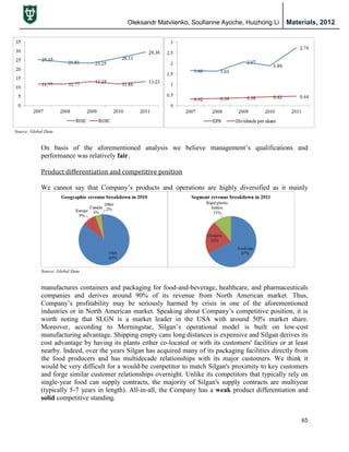 Oleksandr Matviienko, Soufianne Ayoche, Huizhong Li Materials, 2012
65
On basis of the aforementioned analysis we believe management‟s qualifications and
performance was relatively fair.
Product differentiation and competitive position
We cannot say that Company‟s products and operations are highly diversified as it mainly
manufactures containers and packaging for food-and-beverage, healthcare, and pharmaceuticals
companies and derives around 90% of its revenue from North American market. Thus,
Company‟s profitability may be seriously harmed by crisis in one of the aforementioned
industries or in North American market. Speaking about Company‟s competitive position, it is
worth noting that SLGN is a market leader in the USA with around 50% market share.
Moreover, according to Morningstar, Silgan‟s operational model is built on low-cost
manufacturing advantage. Shipping empty cans long distances is expensive and Silgan derives its
cost advantage by having its plants either co-located or with its customers' facilities or at least
nearby. Indeed, over the years Silgan has acquired many of its packaging facilities directly from
the food producers and has multidecade relationships with its major customers. We think it
would be very difficult for a would-be competitor to match Silgan's proximity to key customers
and forge similar customer relationships overnight. Unlike its competitors that typically rely on
single-year food can supply contracts, the majority of Silgan's supply contracts are multiyear
(typically 5-7 years in length). All-in-all, the Company has a weak product differentiation and
solid competitive standing.
Source: Global Data
Source: Global Data
 
