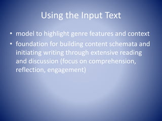 Using the Input Text
• model to highlight genre features and context
• foundation for building content schemata and
initiating writing through extensive reading
and discussion (focus on comprehension,
reflection, engagement)
 
