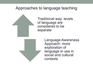 Approaches to language teaching
Traditional way: levels
of language are
considered to be
separate
Language Awareness
Approach: more
exploration of
language in use in
social and cultural
contexts
 