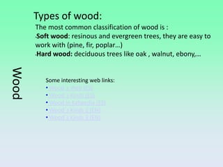 Types of wood:
       The most common classification of wood is :
       •Soft wood: resinous and evergreen trees, they are easy to

       work with (pine, fir, poplar…)
       •Hard wood: deciduous trees like oak , walnut, ebony,…
Wood




          Some interesting web links:
          • Wood´s Web (ES)
          • Wood´s Kinds (ES)
          • Wood in Kalipedia (ES)
          • Wood´s Kinds 2 (EN)
          • Wood´s Kinds 3 (EN)
 