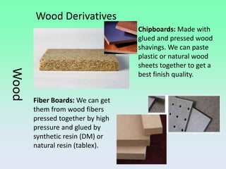 Wood Derivatives
                                  Chipboards: Made with
                                  glued and pressed wood
                                  shavings. We can paste
                                  plastic or natural wood
                                  sheets together to get a
Wood



                                  best finish quality.


       Fiber Boards: We can get
       them from wood fibers
       pressed together by high
       pressure and glued by
       synthetic resin (DM) or
       natural resin (tablex).
 