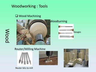 Woodworking : Tools

          Wood Machining
                                 Woodturning
Wood



                                               Gouges




        Router/Milling Machine




         Router bits to mill
 