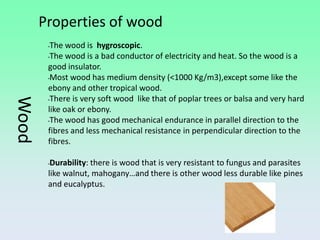 Properties of wood
        •The wood is hygroscopic.
        •The wood is a bad conductor of electricity and heat. So the wood is a

        good insulator.
        •Most wood has medium density (<1000 Kg/m3),except some like the

        ebony and other tropical wood.
        •There is very soft wood like that of poplar trees or balsa and very hard
Wood



        like oak or ebony.
        •The wood has good mechanical endurance in parallel direction to the

        fibres and less mechanical resistance in perpendicular direction to the
        fibres.

        •Durability: there is wood that is very resistant to fungus and parasites
        like walnut, mahogany…and there is other wood less durable like pines
        and eucalyptus.
 