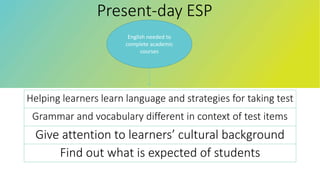 Present-day ESP
English needed to
complete academic
courses
Helping learners learn language and strategies for taking test
Grammar and vocabulary different in context of test items
Give attention to learners’ cultural background
Find out what is expected of students
 