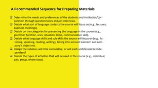 A Recommended Sequence for Preparing Materials
 Determine the needs and preferences of the students and institution/cor-
poration through questionnaires and/or interviews.
 Decide what sort of language contexts the course will focus on (e.g., lectures,
business meetings).
 Decide on the categories for presenting the language in the course (e.g.,
grammar, function, lexis, situation, topic, communicative skill).
 Decide what language skills and sub-skills the course will focus on (e.g., lis-
tening, speaking, reading, writing), taking into account learners’ and com-
pany’s objectives.
 Design the syllabus; will it be cumulative, or will each unit/lesson be inde-
pendent?
 Decide the types of activities that will be used in the course (e.g., individual,
pair, group, whole class).
 