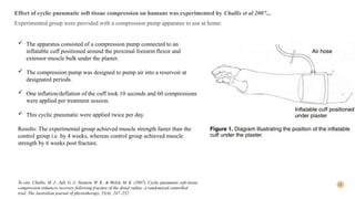 15
Effect of cyclic pneumatic soft tissue compression on humans was experimented by Challis et al 2007..,
Experimented group were provided with a compression pump apparatus to use at home:
 The apparatus consisted of a compression pump connected to an
inflatable cuff positioned around the proximal forearm flexor and
extensor muscle bulk under the plaster.
 The compression pump was designed to pump air into a reservoir at
designated periods.
 One inflation/deflation of the cuff took 10 seconds and 60 compressions
were applied per treatment session.
 This cyclic pneumatic were applied twice per day.
Results: The experimental group achieved muscle strength faster than the
control group i.e. by 4 weeks, whereas control group achieved muscle
strength by 6 weeks post fracture.
To cite: Challis, M. J., Jull, G. J., Stanton, W. R., & Welsh, M. K. (2007). Cyclic pneumatic soft-tissue
compression enhances recovery following fracture of the distal radius: a randomized controlled
trial. The Australian journal of physiotherapy, 53(4), 247–252
 