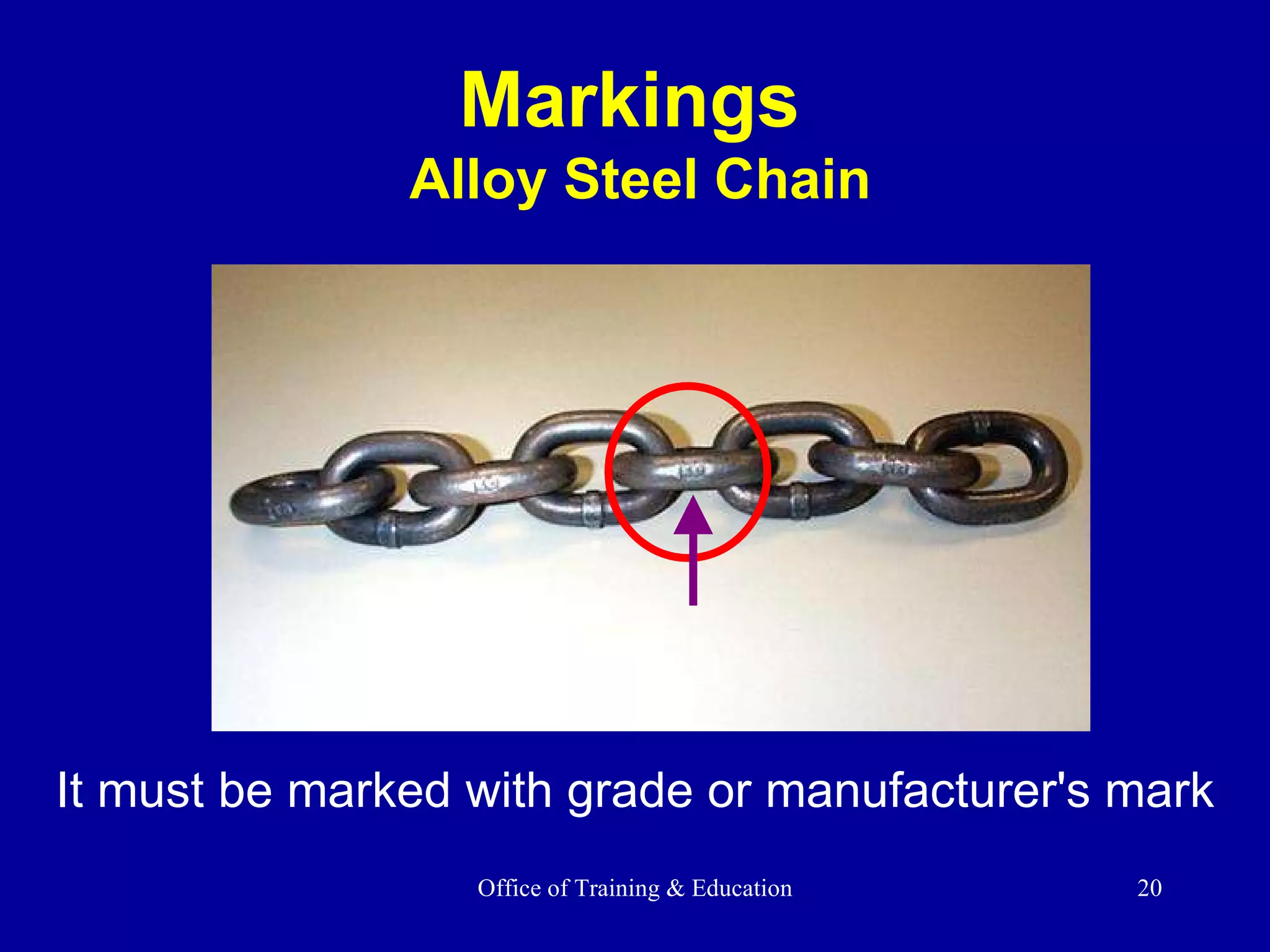 Markings  Alloy Steel Chain It must be marked with grade or manufacturer's mark 
