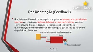 Realimentação (Feedback)
• Nos sistemas cibernéticos serve para comparar a maneira como um sistema
funciona em relação ao padrão estabelecido para ele funcionar: quando
ocorre alguma diferença (desvio ou discrepância) entre ambos a
realimentação incumbe de regular a entrada para que a saída se aproxime
do padrão estabelecido
Tacômetro (sensor)
Feedback
Inversor de Frequência (regula a velocidade)
Motor
 