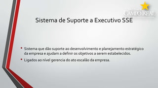 Sistema de Suporte a Executivo SSE
• Sistema que dão suporte ao desenvolvimento e planejamento estratégico
da empresa e ajudam a definir os objetivos a serem estabelecidos.
• Ligados ao nível gerencia do ato escalão da empresa.
 