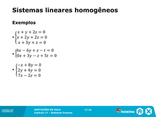 ANOTAÇÕES EM AULA
Capítulo 1 – Conjuntos
1.5CONEXÕES COM
A MATEMÁTICA
CONEXÕES COM
A MATEMÁTICA
ANOTAÇÕES EM AULA
Capítulo 17 – Sistemas lineares
Exemplos
17.15
▪
▪
▪
Sistemas lineares homogêneos
 