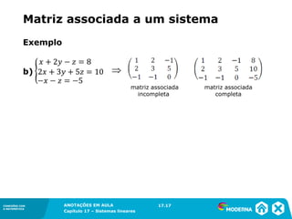 ANOTAÇÕES EM AULA
Capítulo 1 – Conjuntos
1.5CONEXÕES COM
A MATEMÁTICA
CONEXÕES COM
A MATEMÁTICA
ANOTAÇÕES EM AULA
Capítulo 17 – Sistemas lineares
Matriz associada a um sistema
Exemplo
b)
matriz associada
incompleta
matriz associada
completa
17.17

 