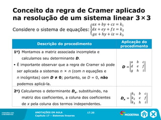 ANOTAÇÕES EM AULA
Capítulo 1 – Conjuntos
1.5CONEXÕES COM
A MATEMÁTICA
CONEXÕES COM
A MATEMÁTICA
ANOTAÇÕES EM AULA
Capítulo 17 – Sistemas lineares
Considere o sistema de equações:
Conceito da regra de Cramer aplicado
na resolução de um sistema linear 3×3
17.20
1o) Montamos a matriz associada incompleta e
calculamos seu determinante D.
▪ É importante observar que a regra de Cramer só pode
ser aplicada a sistemas n × n (com n equações e
n incógnitas) com D ≠ 0; portanto, se D = 0, não
podemos aplicá-la.
2o) Calculamos o determinante Dx, substituindo, na
matriz dos coeficientes, a coluna dos coeficientes
de x pela coluna dos termos independentes.
D =
Dx =
Descrição do procedimento
Aplicação do
procedimento
 