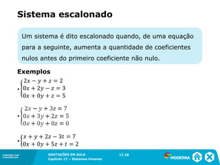 ANOTAÇÕES EM AULA
Capítulo 1 – Conjuntos
1.5CONEXÕES COM
A MATEMÁTICA
CONEXÕES COM
A MATEMÁTICA
ANOTAÇÕES EM AULA
Capítulo 17 – Sistemas lineares
Um sistema é dito escalonado quando, de uma equação
para a seguinte, aumenta a quantidade de coeficientes
nulos antes do primeiro coeficiente não nulo.
Sistema escalonado
Exemplos
17.28
▪
▪
▪
 