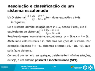 ANOTAÇÕES EM AULA
Capítulo 1 – Conjuntos
1.5CONEXÕES COM
A MATEMÁTICA
CONEXÕES COM
A MATEMÁTICA
ANOTAÇÕES EM AULA
Capítulo 17 – Sistemas lineares
b) O sistema tem duas equações e três
incógnitas.
Se o sistema admite solução para z = k, sendo k real, ele é
equivalente ao sistema:
Resolvendo esse novo sistema, encontramos: y = 3k e x = 4 – 5k.
Atribuindo valores reais a k, obtemos soluções do sistema. Por
exemplo, fazendo k = –6, obtemos o terno (34, –18, –6), que
satisfaz o sistema.
Como k é um número real qualquer, o sistema tem infinitas soluções,
ou seja, é um sistema possível e indeterminado (SPI).
17.29
Resolução e classificação de um
sistema escalonado
 