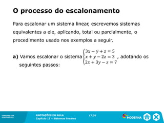 ANOTAÇÕES EM AULA
Capítulo 1 – Conjuntos
1.5CONEXÕES COM
A MATEMÁTICA
CONEXÕES COM
A MATEMÁTICA
ANOTAÇÕES EM AULA
Capítulo 17 – Sistemas lineares
Para escalonar um sistema linear, escrevemos sistemas
equivalentes a ele, aplicando, total ou parcialmente, o
procedimento usado nos exemplos a seguir.
a) Vamos escalonar o sistema , adotando os
seguintes passos:
17.30
O processo do escalonamento
 