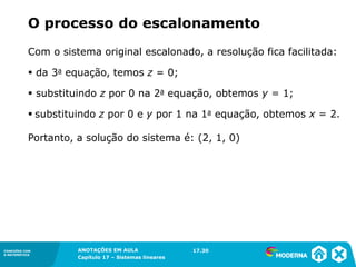 ANOTAÇÕES EM AULA
Capítulo 1 – Conjuntos
1.5CONEXÕES COM
A MATEMÁTICA
CONEXÕES COM
A MATEMÁTICA
ANOTAÇÕES EM AULA
Capítulo 17 – Sistemas lineares
Com o sistema original escalonado, a resolução fica facilitada:
▪ da 3a equação, temos z = 0;
▪ substituindo z por 0 na 2a equação, obtemos y = 1;
▪ substituindo z por 0 e y por 1 na 1a equação, obtemos x = 2.
Portanto, a solução do sistema é: (2, 1, 0)
O processo do escalonamento
17.30
 