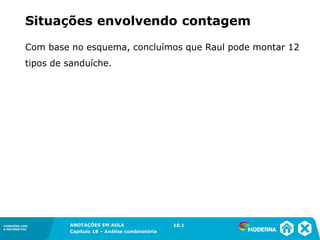 CONEXÕES COM
A MATEMÁTICA
ANOTAÇÕES EM AULA
Capítulo 18 – Análise combinatória
CONEXÕES COM
A MATEMÁTICA
ANOTAÇÕES EM AULA
Capítulo 18 – Análise combinatória
Com base no esquema, concluímos que Raul pode montar 12
tipos de sanduíche.
Situações envolvendo contagem
18.1
 