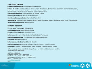 CONEXÕES COM
A MATEMÁTICA
ANOTAÇÕES EM AULA
Coordenação editorial: Juliane Matsubara Barroso
Edição de texto: Ana Paula Souza Nani, Adriano Rosa Lopes, Enrico Briese Casentini, Everton José Luciano,
Juliana Ikeda, Marilu Maranho Tassetto, Willian Raphael Silva
Assistência editorial: Pedro Almeida do Amaral Cortez
Preparação de texto: Renato da Rocha Carlos
Coordenação de produção: Maria José Tanbellini
Iconografia: Daniela Chahin Barauna, Erika Freitas, Fernanda Siwiec, Monica de Souza e Yan Comunicação
Ilustração dos gráficos: Adilson Secco
EDITORA MODERNA
Diretoria de Tecnologia Educacional
Editora executiva: Kelly Mayumi Ishida
Coordenadora editorial: Ivonete Lucirio
Editores: Andre Jun, Felipe Jordani e Natália Coltri Fernandes
Assistentes editoriais: Ciça Japiassu Reis e Renata Michelin
Editor de arte: Fabio Ventura
Editor assistente de arte: Eduardo Bertolini
Assistentes de arte: Ana Maria Totaro, Camila Castro e Valdeí Prazeres
Revisores: Antonio Carlos Marques, Diego Rezende e Ramiro Morais Torres
© Reprodução proibida. Art. 184 do Código Penal e Lei 9.610 de 19 de fevereiro de 1998.
Todos os direitos reservados.
EDITORA MODERNA
Rua Padre Adelino, 758 – Belenzinho
São Paulo – SP – Brasil – CEP: 03303-904
Vendas e atendimento: Tel. (0__11) 2602-5510
Fax (0__11) 2790-1501
www.moderna.com.br
2012
 