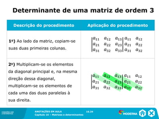 1.5CONEXÕES COM
A MATEMÁTICA
ANOTAÇÕES EM AULA
Capítulo 16 – Matrizes e determinantes
CONEXÕES COM
A MATEMÁTICA
ANOTAÇÕES EM AULA
Capítulo 16 – Matrizes e determinantes
Descrição do procedimento Aplicação do procedimento
16.34
1o) Ao lado da matriz, copiam-se
suas duas primeiras colunas.
2o) Multiplicam-se os elementos
da diagonal principal e, na mesma
direção dessa diagonal,
multiplicam-se os elementos de
cada uma das duas paralelas à
sua direita.
Determinante de uma matriz de ordem 3
 