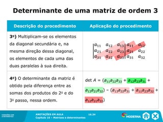 1.5CONEXÕES COM
A MATEMÁTICA
ANOTAÇÕES EM AULA
Capítulo 16 – Matrizes e determinantes
CONEXÕES COM
A MATEMÁTICA
ANOTAÇÕES EM AULA
Capítulo 16 – Matrizes e determinantes
Descrição do procedimento Aplicação do procedimento
16.34
3o) Multiplicam-se os elementos
da diagonal secundária e, na
mesma direção dessa diagonal,
os elementos de cada uma das
duas paralelas à sua direita.
4o) O determinante da matriz é
obtido pela diferença entre as
somas dos produtos do 2o e do
3o passo, nessa ordem.
det A = (a11a22a33 + a12a23a31 +
a13a21a32) – (a13a22a31 + a11a23a32 +
a12a21a33)
Determinante de uma matriz de ordem 3
 