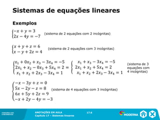 ANOTAÇÕES EM AULA
Capítulo 1 – Conjuntos
1.5CONEXÕES COM
A MATEMÁTICA
CONEXÕES COM
A MATEMÁTICA
ANOTAÇÕES EM AULA
Capítulo 17 – Sistemas lineares
Exemplos
17.6
(sistema de 2 equações com 2 incógnitas)
(sistema de 2 equações com 3 incógnitas)
=
(sistema de 3
equações com
4 incógnitas)
(sistema de 4 equações com 3 incógnitas)
Sistemas de equações lineares
 