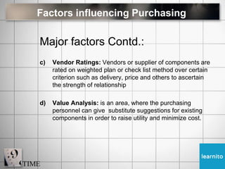 Factors influencing Purchasing
Major factors Contd.:
c) Vendor Ratings: Vendors or supplier of components are
rated on weighted plan or check list method over certain
criterion such as delivery, price and others to ascertain
the strength of relationship
d) Value Analysis: is an area, where the purchasing
personnel can give substitute suggestions for existing
components in order to raise utility and minimize cost.
 
