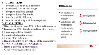 B – CLASS ITEMS:-
1. It covers 20% of the total inventors.
2. It consumes 20% of total budget.
3. It requires moderate control.
4. It requires low safety stocks.
5. It needs periodic follow up.
6. It can be handled by middle management.
C- CLASS ITEMS:-
1.This class of items cover 70% of the total inventories.
2. It consumes 10% of total expenditure of inventories.
3.It may require loose control.
4.It requires high safety stocks .
5.It needs close follow up.
6. It can be handled by any official of the organisation.
ADVANTAGES OF ABC ANALYSIS:-
Helps to exercise selective control
Gives rewarding results quickly
 