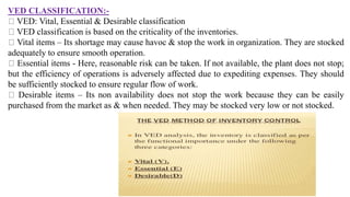 VED CLASSIFICATION:-
VED: Vital, Essential & Desirable classification
VED classification is based on the criticality of the inventories.
Vital items – Its shortage may cause havoc & stop the work in organization. They are stocked
adequately to ensure smooth operation.
Essential items - Here, reasonable risk can be taken. If not available, the plant does not stop;
but the efficiency of operations is adversely affected due to expediting expenses. They should
be sufficiently stocked to ensure regular flow of work.
Desirable items – Its non availability does not stop the work because they can be easily
purchased from the market as & when needed. They may be stocked very low or not stocked.
 