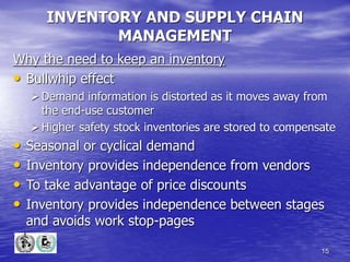 15
INVENTORY AND SUPPLY CHAIN
MANAGEMENT
Why the need to keep an inventory
• Bullwhip effect
Demand information is distorted as it moves away from
the end-use customer
Higher safety stock inventories are stored to compensate
• Seasonal or cyclical demand
• Inventory provides independence from vendors
• To take advantage of price discounts
• Inventory provides independence between stages
and avoids work stop-pages
 