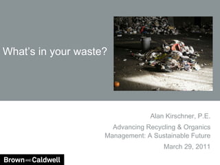 What’s in your waste? Alan Kirschner, P.E. Advancing Recycling & Organics Management: A Sustainable Future March 29, 2011 