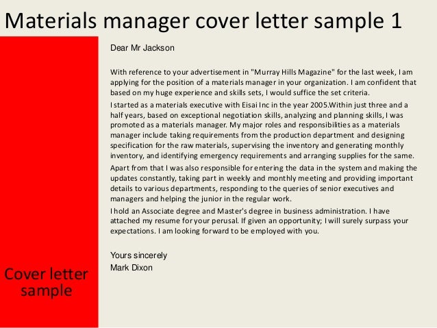 materials manager cover letter materials manager cover letter
