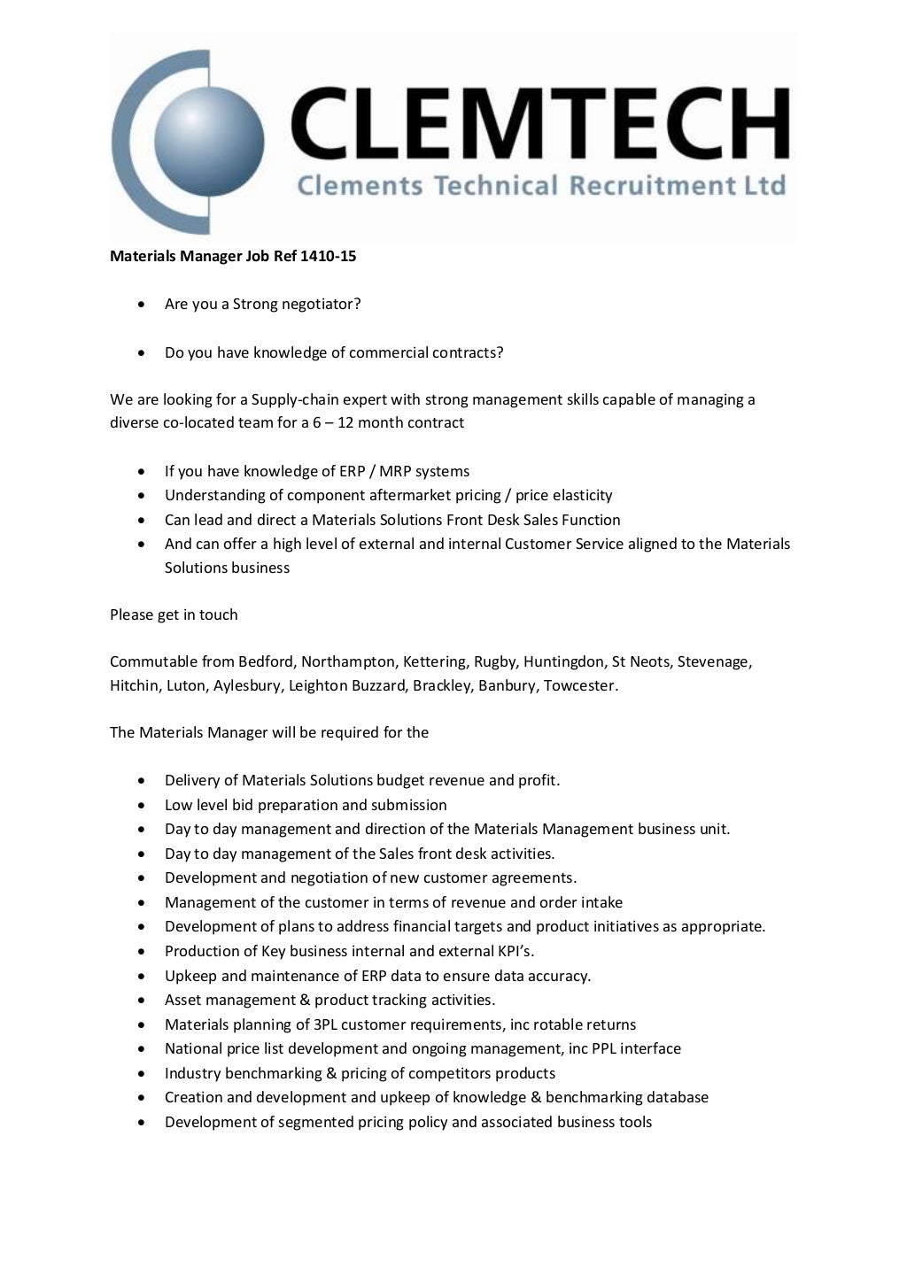 Materials Manager Job Ref 141015