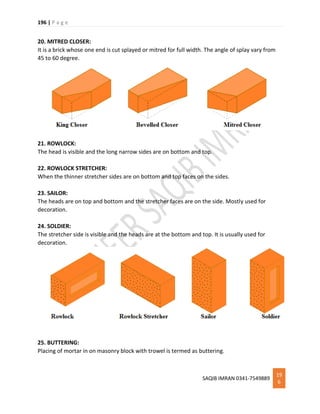 196 | P a g e
SAQIB IMRAN 0341-7549889
19
6
20. MITRED CLOSER:
It is a brick whose one end is cut splayed or mitred for full width. The angle of splay vary from
45 to 60 degree.
21. ROWLOCK:
The head is visible and the long narrow sides are on bottom and top.
22. ROWLOCK STRETCHER:
When the thinner stretcher sides are on bottom and top faces on the sides.
23. SAILOR:
The heads are on top and bottom and the stretcher faces are on the side. Mostly used for
decoration.
24. SOLDIER:
The stretcher side is visible and the heads are at the bottom and top. It is usually used for
decoration.
25. BUTTERING:
Placing of mortar in on masonry block with trowel is termed as buttering.
 