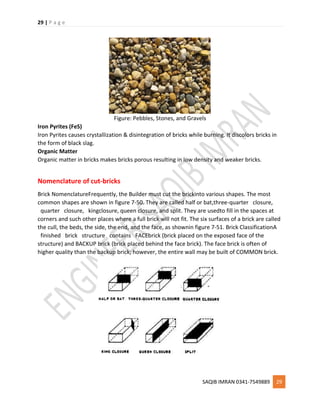 29 | P a g e
SAQIB IMRAN 0341-7549889 29
Figure: Pebbles, Stones, and Gravels
Iron Pyrites (FeS)
Iron Pyrites causes crystallization & disintegration of bricks while burning. It discolors bricks in
the form of black slag.
Organic Matter
Organic matter in bricks makes bricks porous resulting in low density and weaker bricks.
Nomenclature of cut-bricks
Brick NomenclatureFrequently, the Builder must cut the brickinto various shapes. The most
common shapes are shown in figure 7-50. They are called half or bat,three-quarter closure,
quarter closure, kingclosure, queen closure, and split. They are usedto fill in the spaces at
corners and such other places where a full brick will not fit. The six surfaces of a brick are called
the cull, the beds, the side, the end, and the face, as shownin figure 7-51. Brick ClassificationA
finished brick structure contains FACEbrick (brick placed on the exposed face of the
structure) and BACKUP brick (brick placed behind the face brick). The face brick is often of
higher quality than the backup brick; however, the entire wall may be built of COMMON brick.
 
