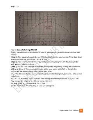 65 | P a g e
SAQIB IMRAN 0341-7549889 65
How to Calculate Bulking of Sand?
A quick method to determine bulking of sand of given sample containing some moisture is as
follows:
(Step-1): Take a clean glass cylinder and fill it about 3/4 with the sand sample. Then, Note down
its volume. Let’s Say; it’s Volume = V1= is 30 cm3.
(Step-2): Now carefully take the sand out and place it on a glass plate. Fill the glass cylinder
with water to 3/4 of its volume.
(Step-3): Put the sand sample back into the glass cylinder very slowly, Stirring the water while
adding sand into it. This is essential to make all the sand grains settle fully in the cylinder.
Note down the new volume of sand sample Let it be V2.
(If V2 = V1, it means that the sand samples have retained to its original volume, i.e., it has shown
no bulking).
But Let’s say in another case V = 24 cm. Then bulking of sand sample will be: V1-V2/V1 x 100.
Now just put the values of V1 = 30 cm3 and V2 = 24 cm3.
So, Now 30-24/30 x 100 => 6/30 x 100 => 20%.
So, this means that 20% of bulking of sand has taken place.
 