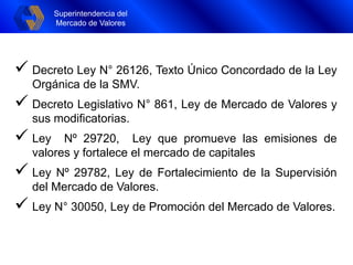 Superintendencia del
Mercado de Valores
Superintendencia del
Mercado de Valores
 Decreto Ley N° 26126, Texto Único Concordado de la Ley
Orgánica de la SMV.
 Decreto Legislativo N° 861, Ley de Mercado de Valores y
sus modificatorias.
 Ley Nº 29720, Ley que promueve las emisiones de
valores y fortalece el mercado de capitales
 Ley Nº 29782, Ley de Fortalecimiento de la Supervisión
del Mercado de Valores.
 Ley N° 30050, Ley de Promoción del Mercado de Valores.
 