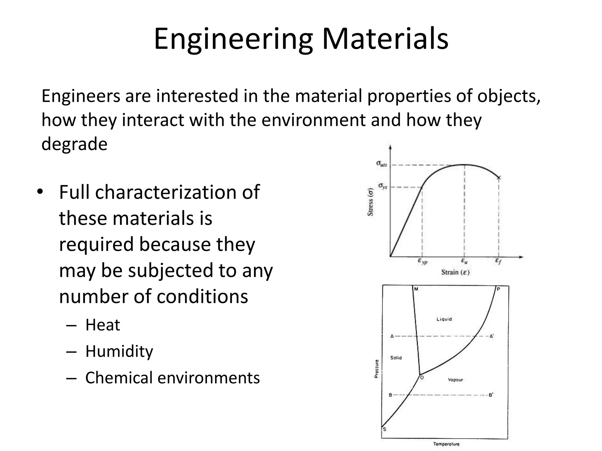 Engineering MaterialsEngineers are interested in the material properties of objects, how they interact with the environment and how they degradeFull characterization of these materials is required because they may be subjected to any number of conditionsHeatHumidityChemical environments
